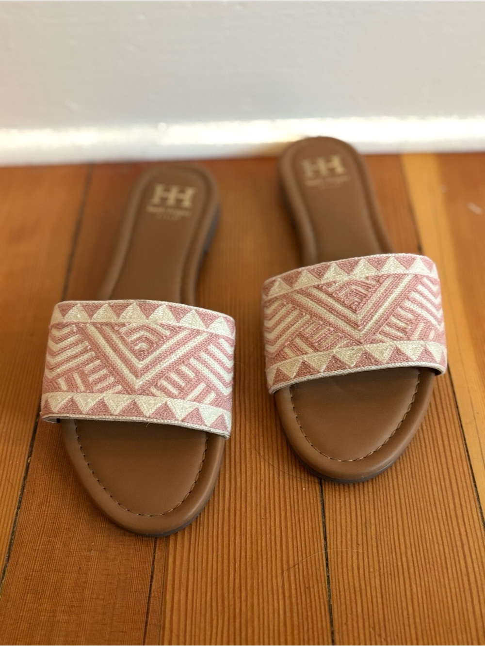 Brown Slide Sandals with Pink Geometric Strap